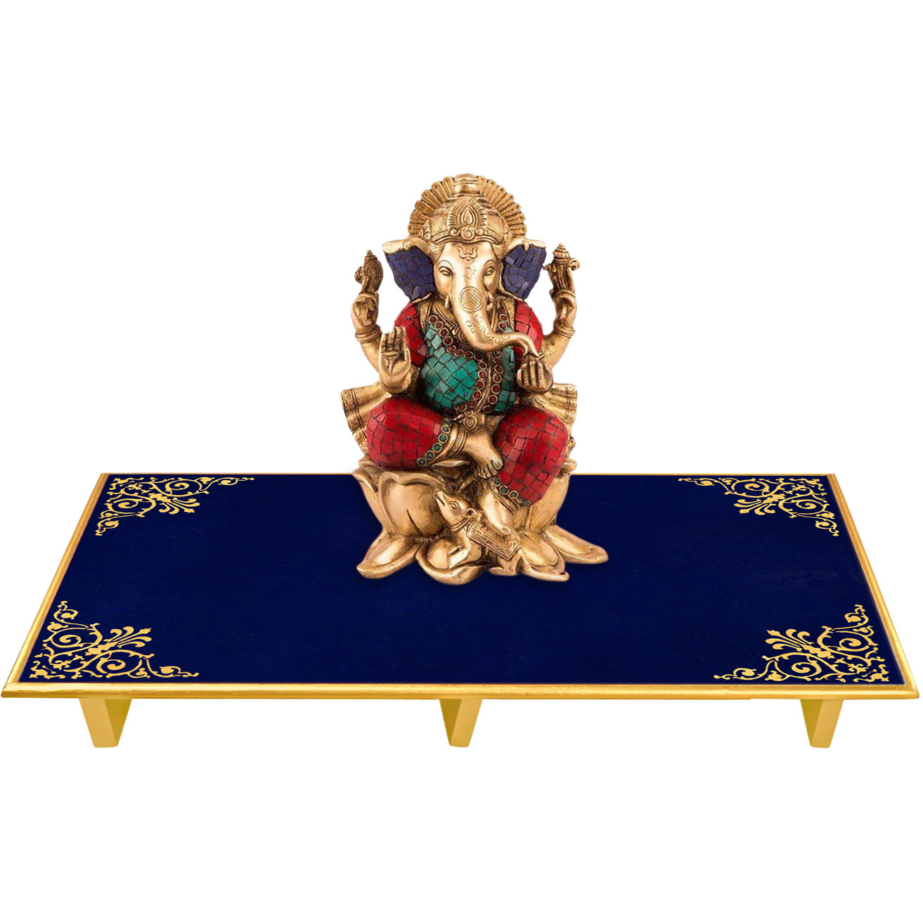 Chowki for Home D??cor Bedside Corner Table Altar Mediation Stool Coffee Table (24X15X4 Inch) (Size: 24X15X4, Color: Blue)