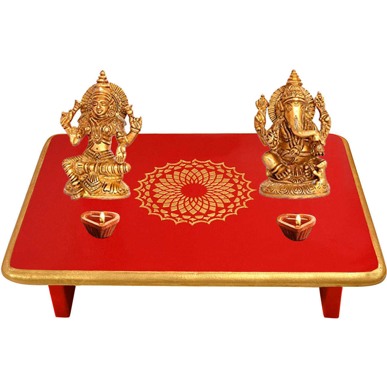 Handmade Wooden Red Temple D??cor Diwali Navratri Puja Chowki End Table (Color: Red, Size: 24X15X4)