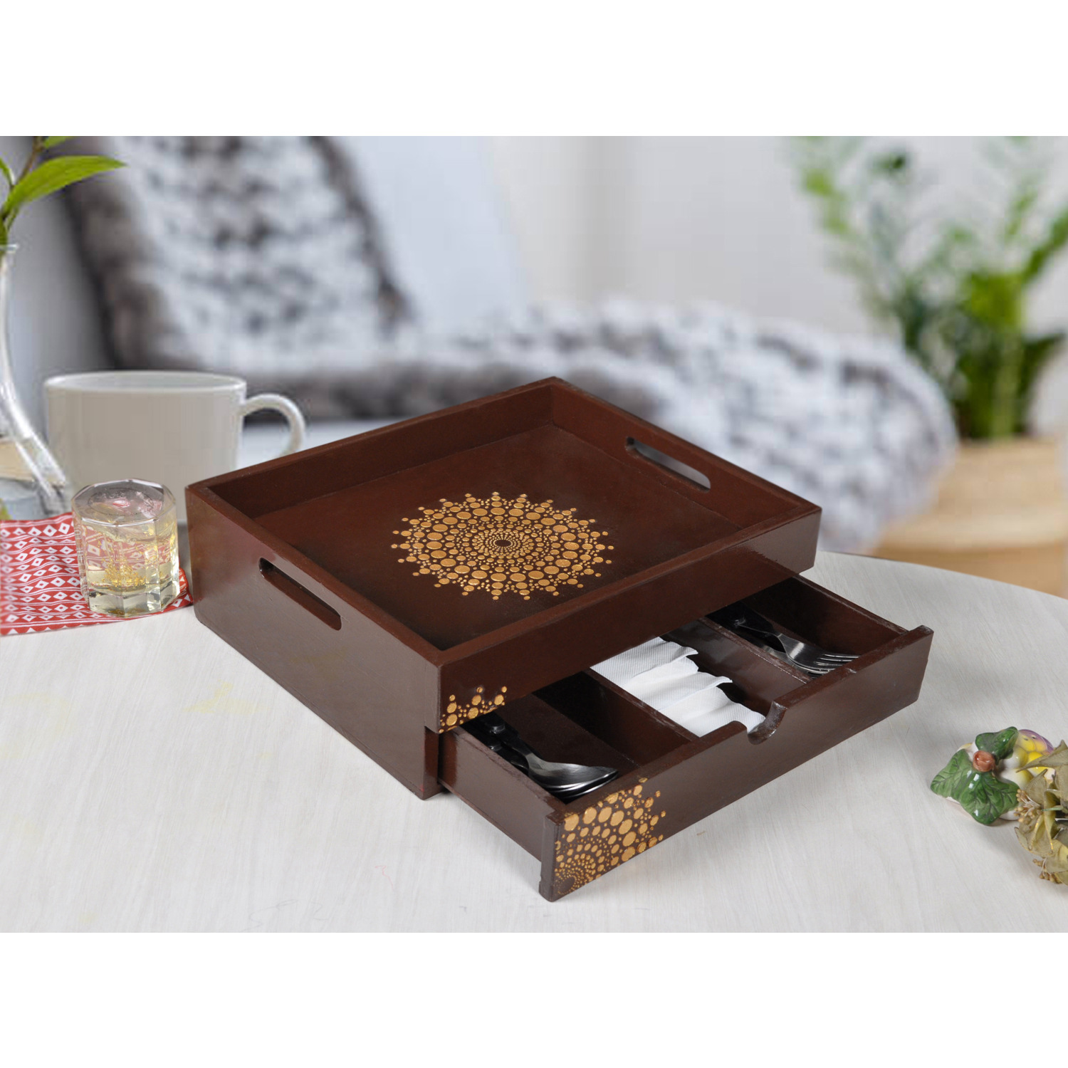 Tray with Drawer Hand Painted Dining Table Tea Coffee Spoon Fork Holder Wooden Tray (13X11X4.5 Inch) (Size: 13X11X4.5, Color: Brown)