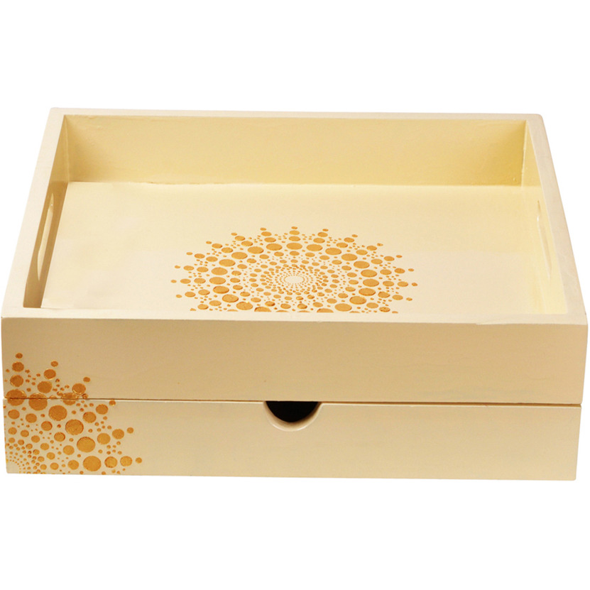 Hand painted Drawer for Spoon, Fork, Napkins Holder Wooden Tea Coffee Snacks Serving Tray (Off-White) 13X11X4.5 Inch (Size: 13X11X4.5, Color: Off-White)