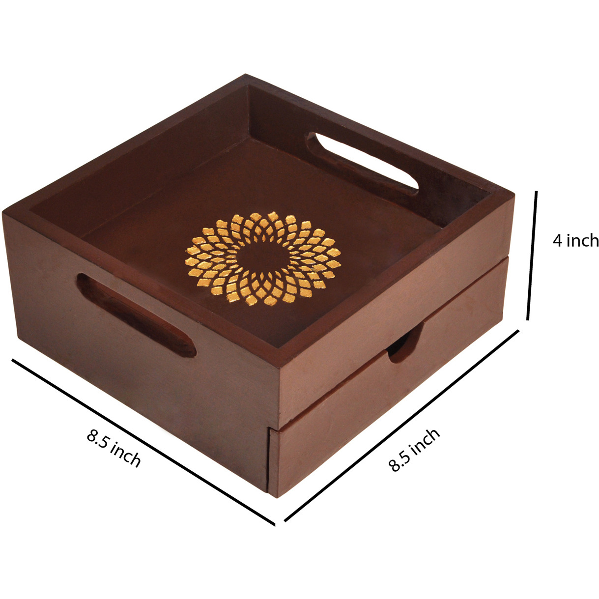 Home & Kitchen Decorative Wooden Hand painted Serving Tray with Drawer (Size: 8.5x8.5x4, Color: Brown)