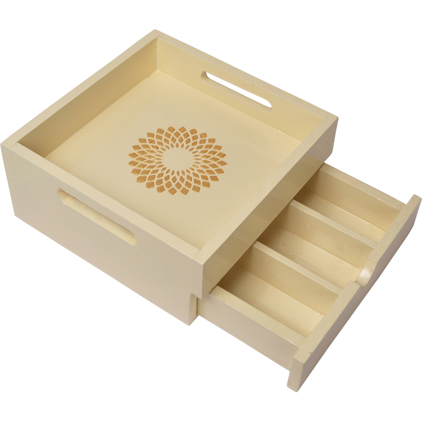 Decorative Tray with Drawer for Living Room Kitchen Dining Area Decorative Wooden Serving Tray (Size: 8.5x8.5x4, Color: Off-White)