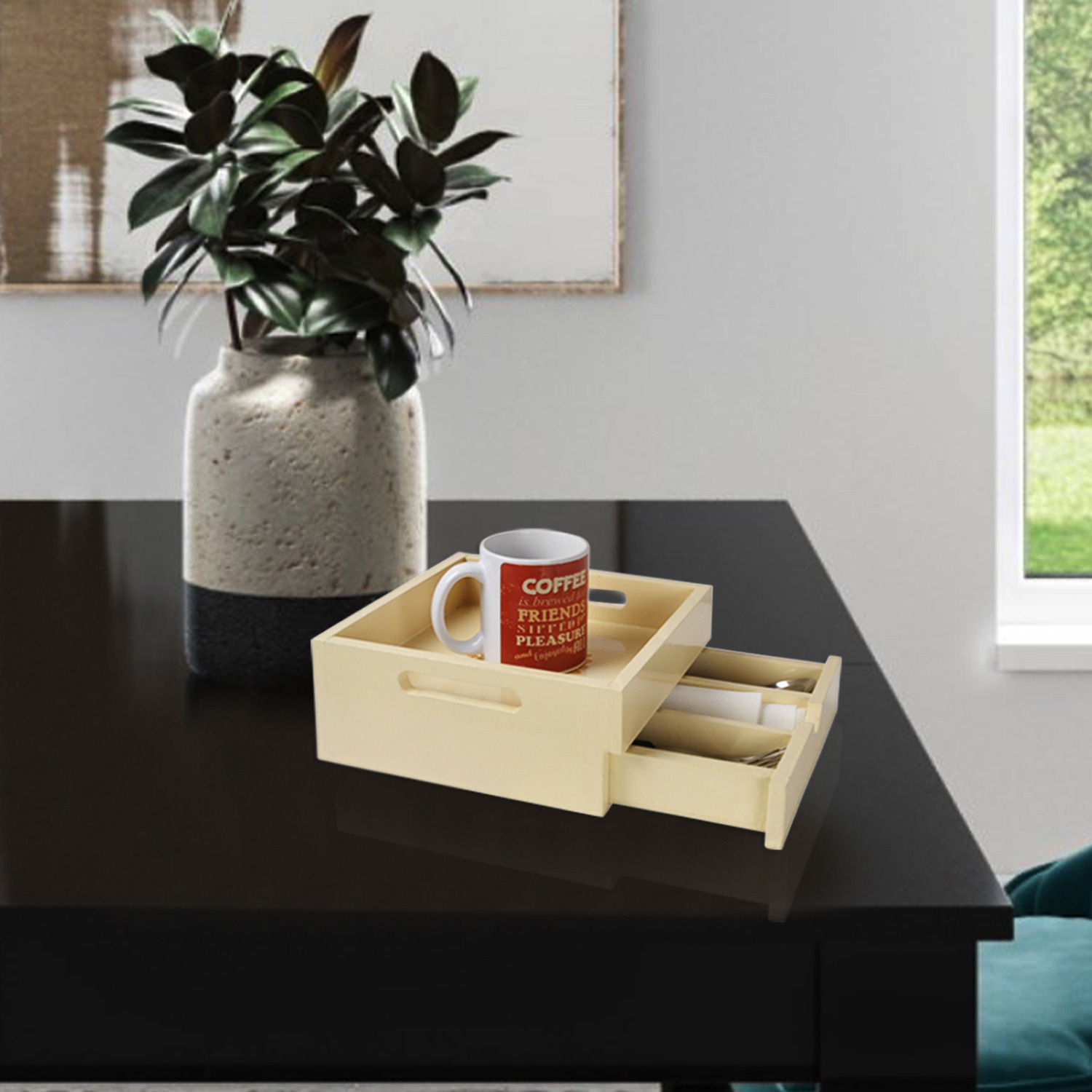 Decorative Tray with Drawer for Living Room Kitchen Dining Area Decorative Wooden Serving Tray (Size: 8.5x8.5x4, Color: Off-White)