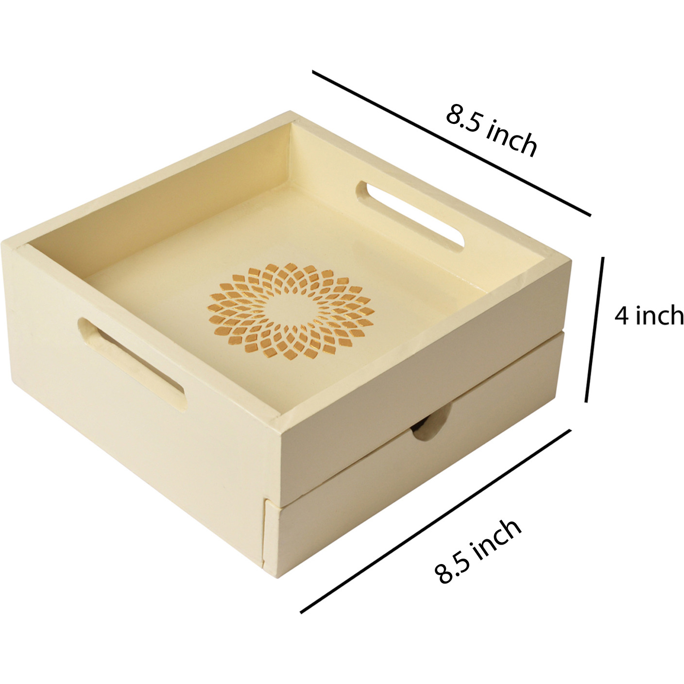 Decorative Tray with Drawer for Living Room Kitchen Dining Area Decorative Wooden Serving Tray (Size: 8.5x8.5x4, Color: Off-White)