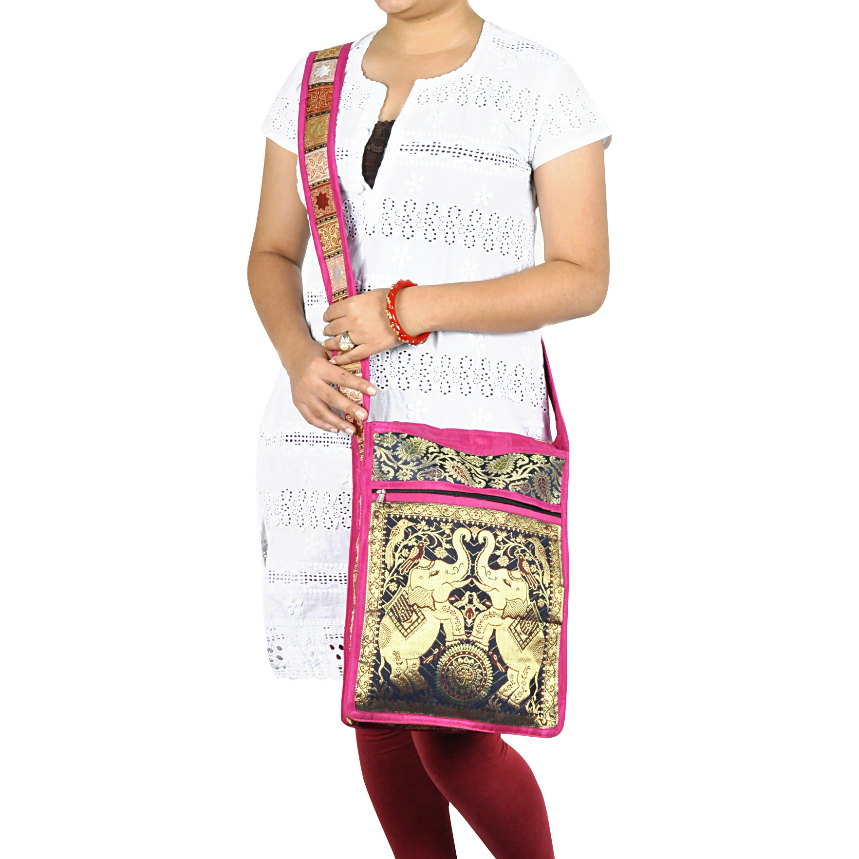 Women Handbag Cross Body Silk Brocade Pink Shoulder Messenger Bag Exclusive