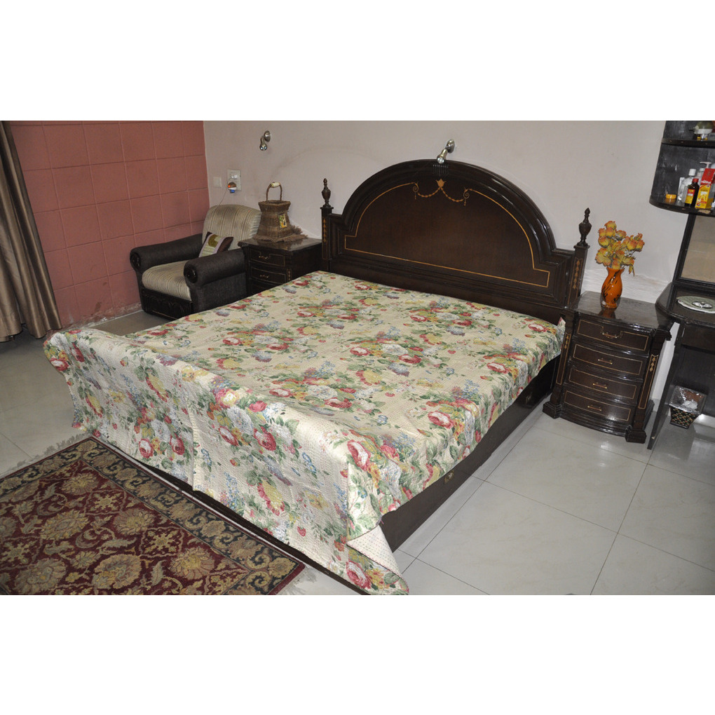 Bedspread Indian Cotton Floral White Bed Cover Coverlet 110X87 Inch