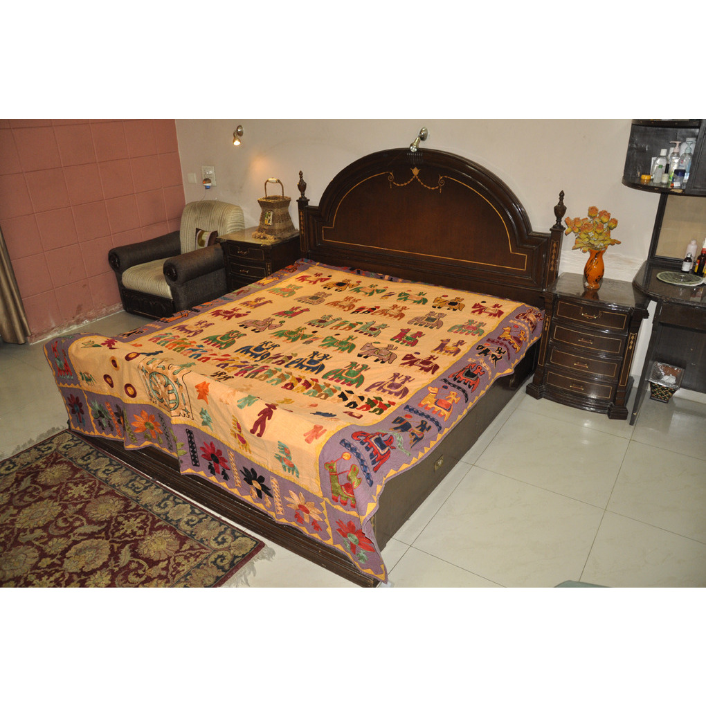 Embroidered Bedspread Elephant Cotton Yellow Flat Double Bedsheet
