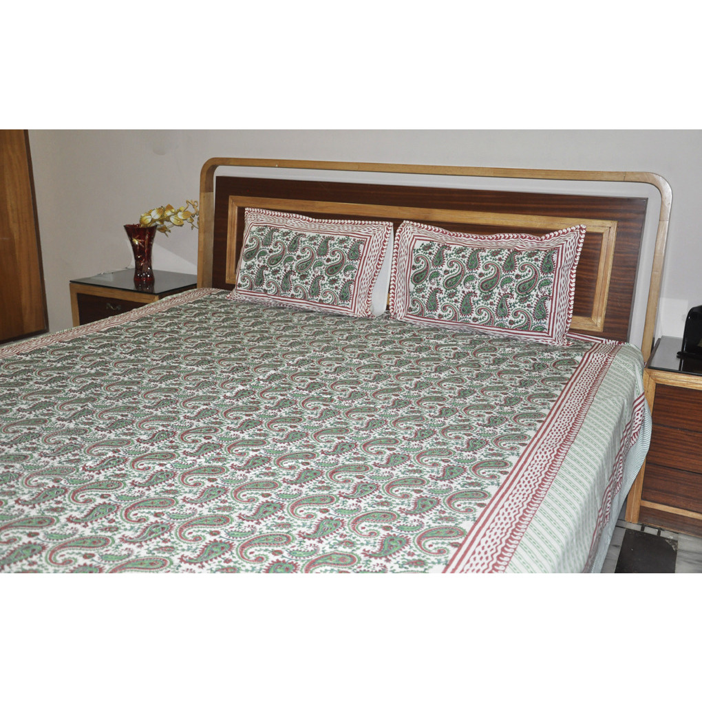 Indian Floral Printed Bedding Green Bed Sheets Home Textile Cover Pillow Set