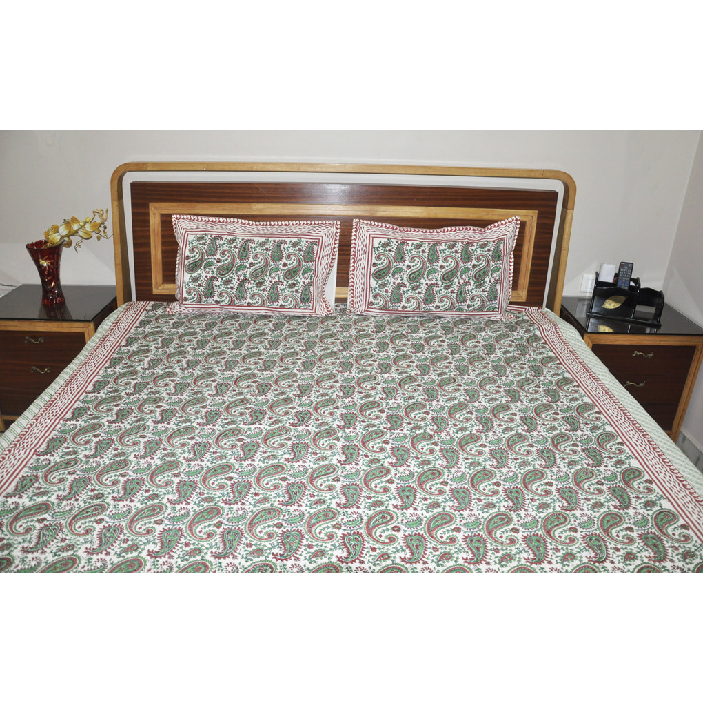 Indian Floral Printed Bedding Green Bed Sheets Home Textile Cover Pillow Set