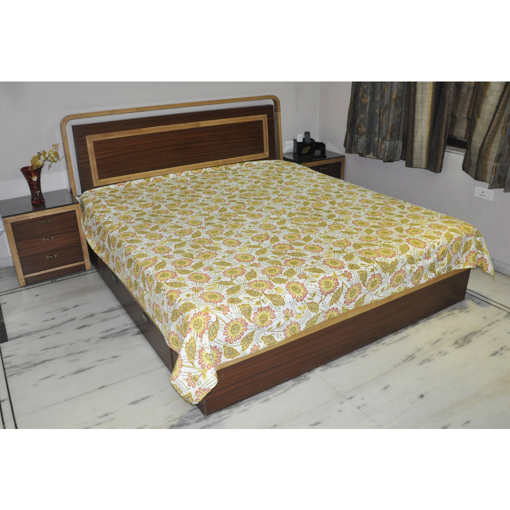 New Printed Bed Cover White Coverlet Kantha Bedspreads Soft Cotton Bed Sheet 93 Inch