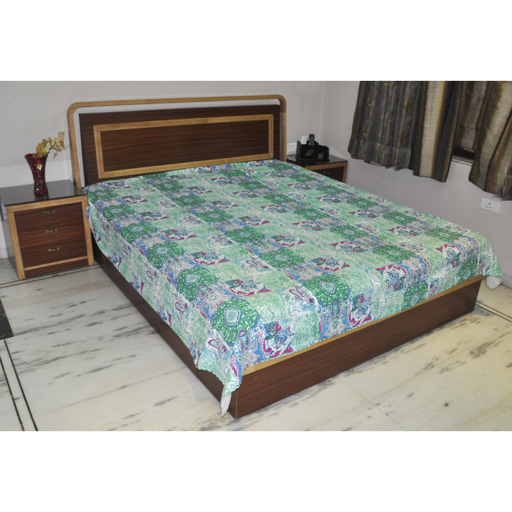 Indian Double Size Bedspreads Kantha Paisley Printed Cotton Bedsheet Tapestry