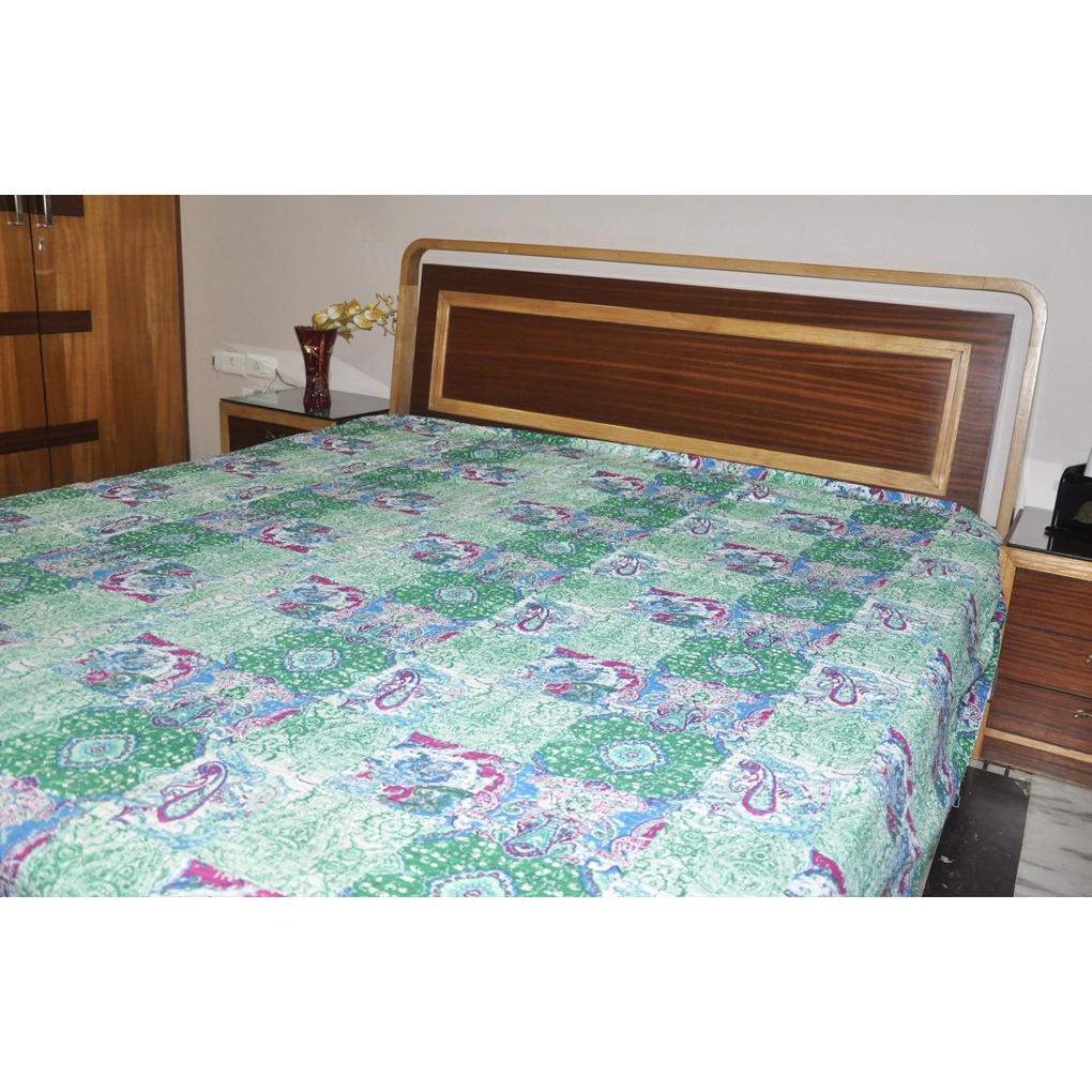 Indian Double Size Bedspreads Kantha Paisley Printed Cotton Bedsheet Tapestry