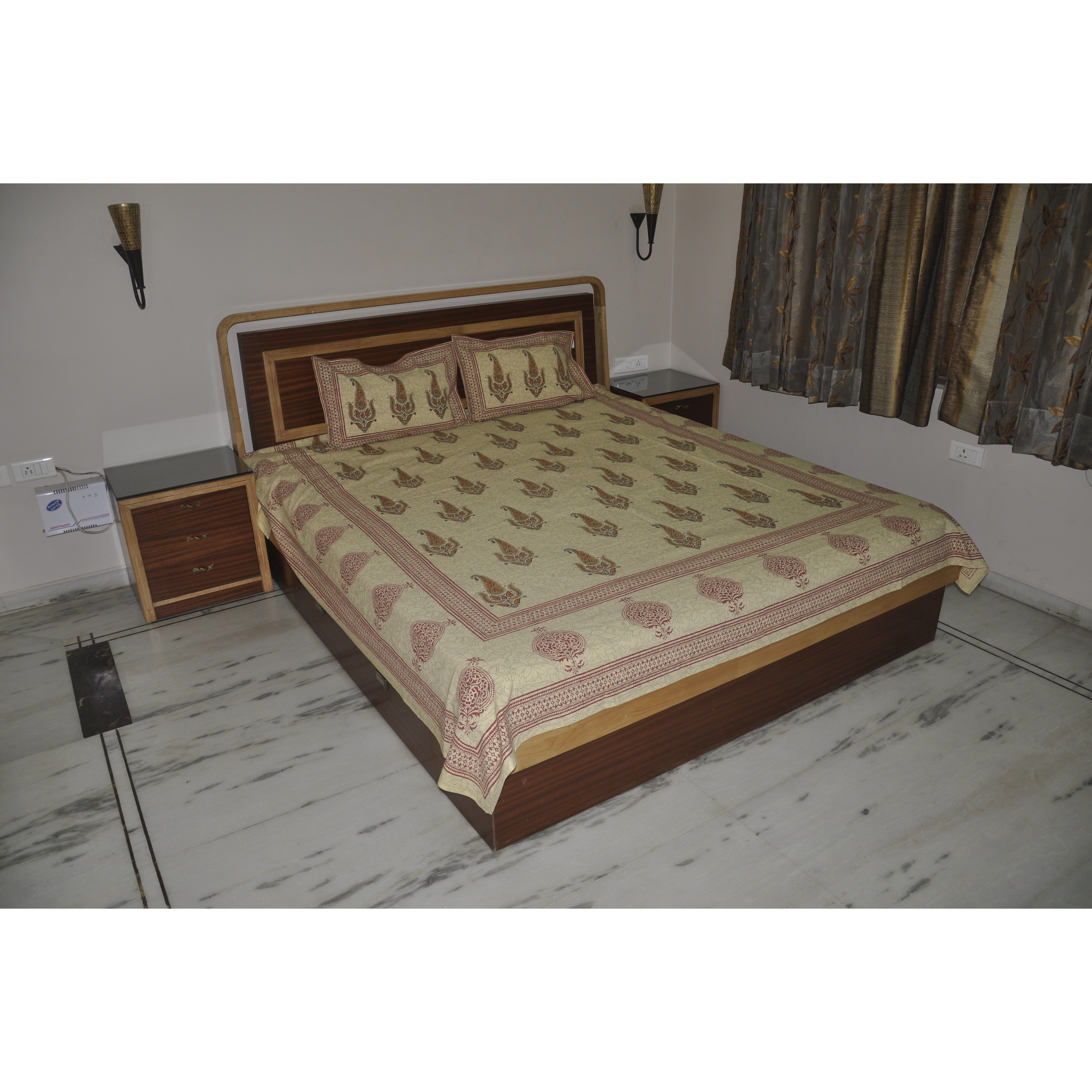 Vintage Bedspread Cotton Beige Printed Bedsheet Bedding Pillowcase Set