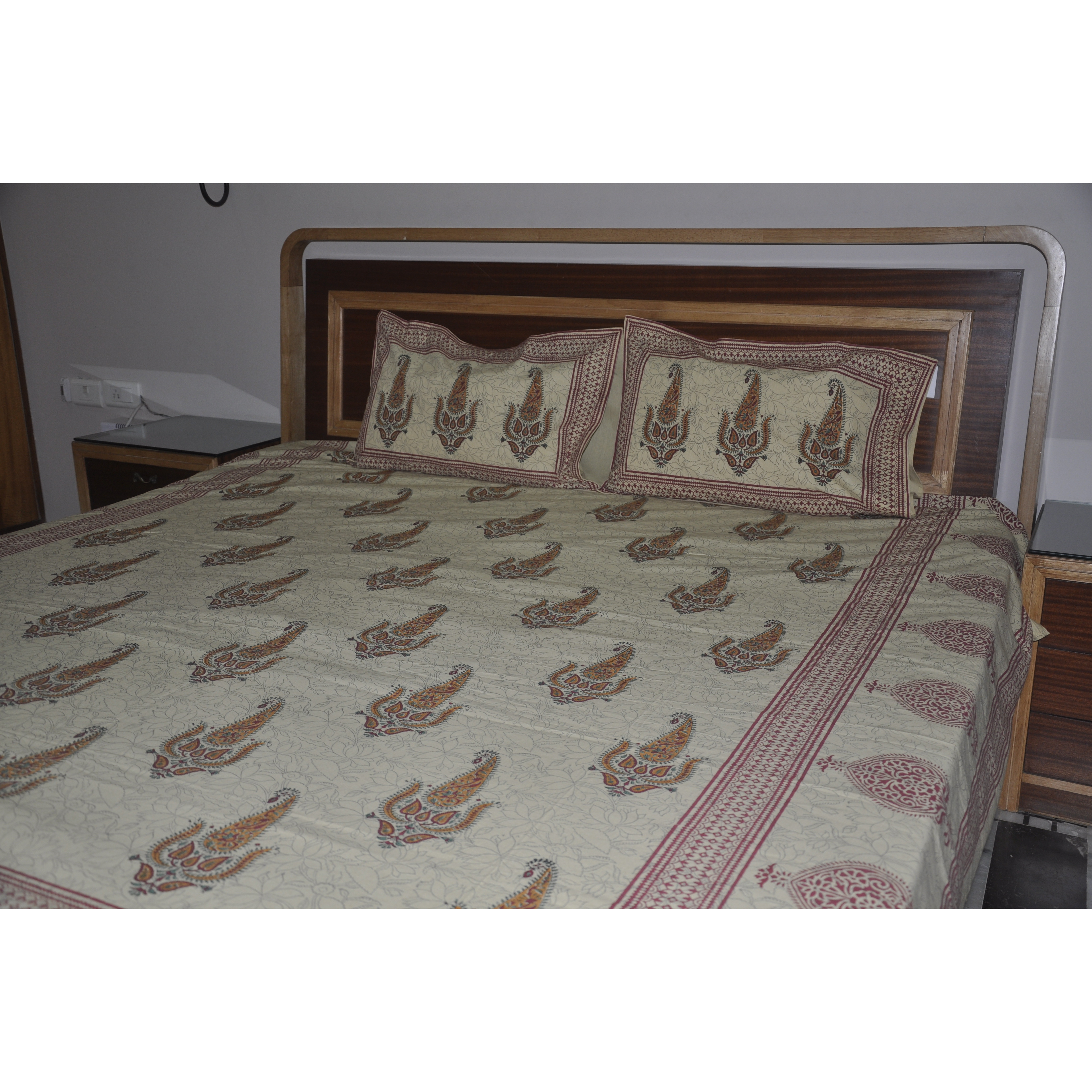 Vintage Bedspread Cotton Beige Printed Bedsheet Bedding Pillowcase Set