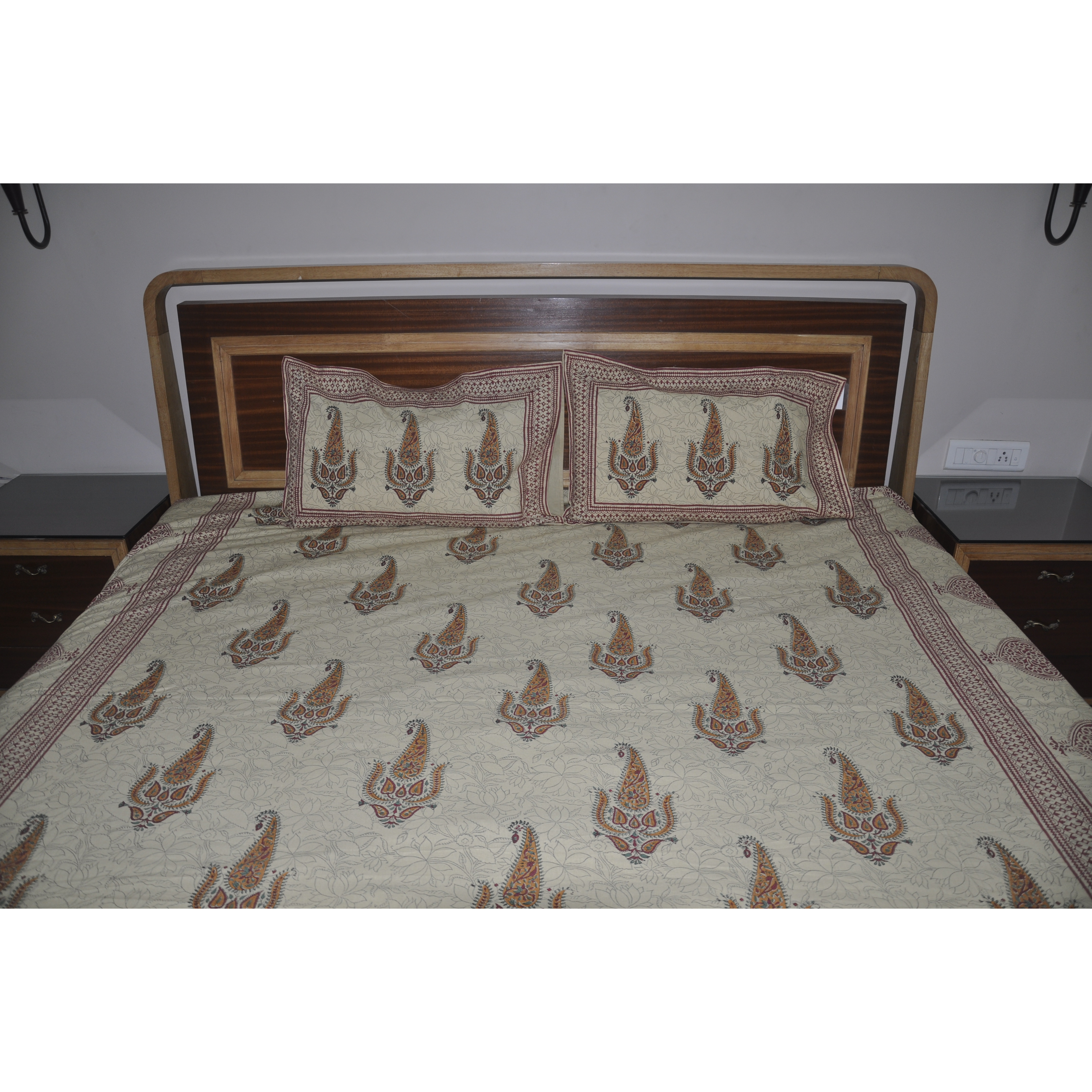 Vintage Bedspread Cotton Beige Printed Bedsheet Bedding Pillowcase Set