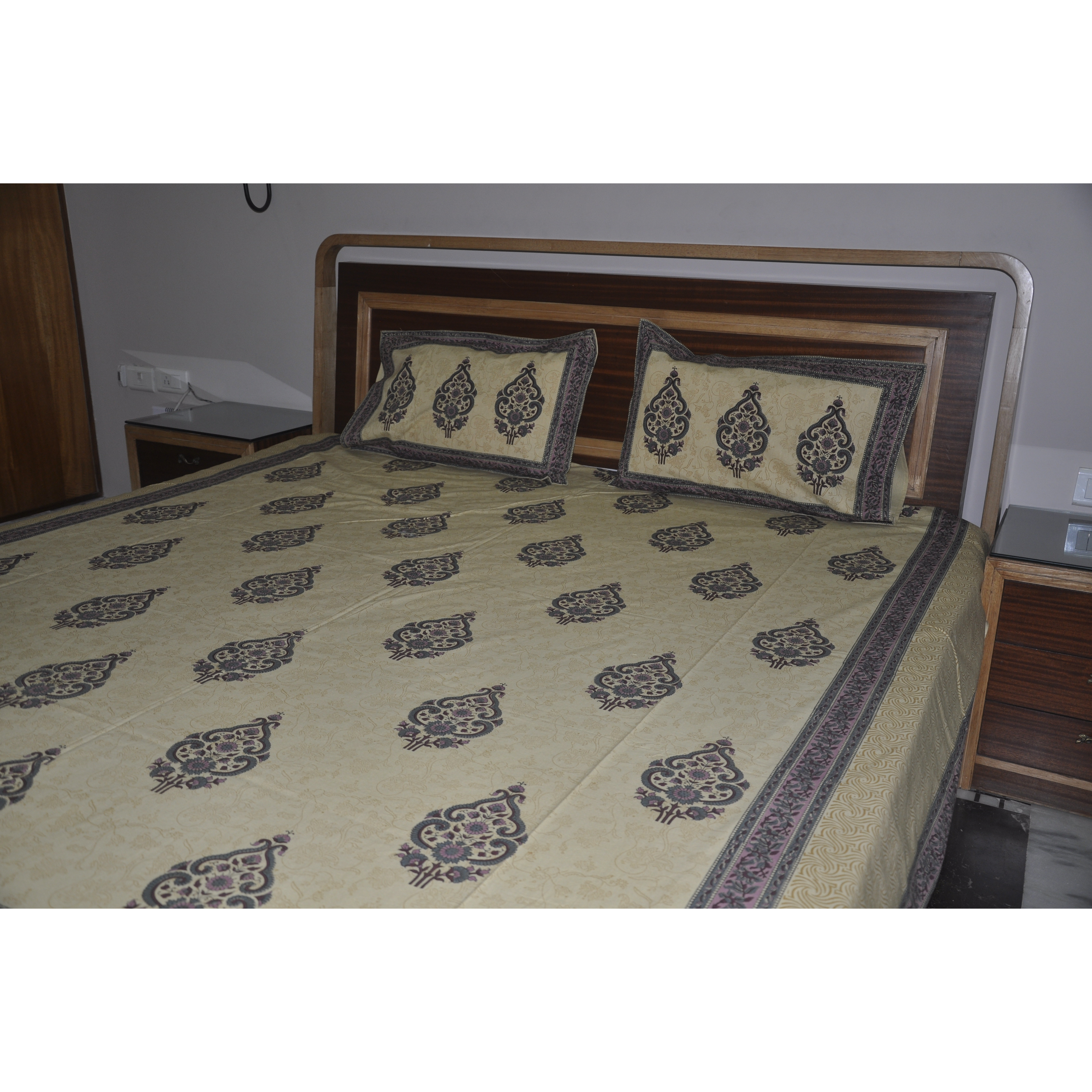 Indian Cotton Pillow Cover Bedding Set Block Printed Beige Bedspreads Bed Sheets