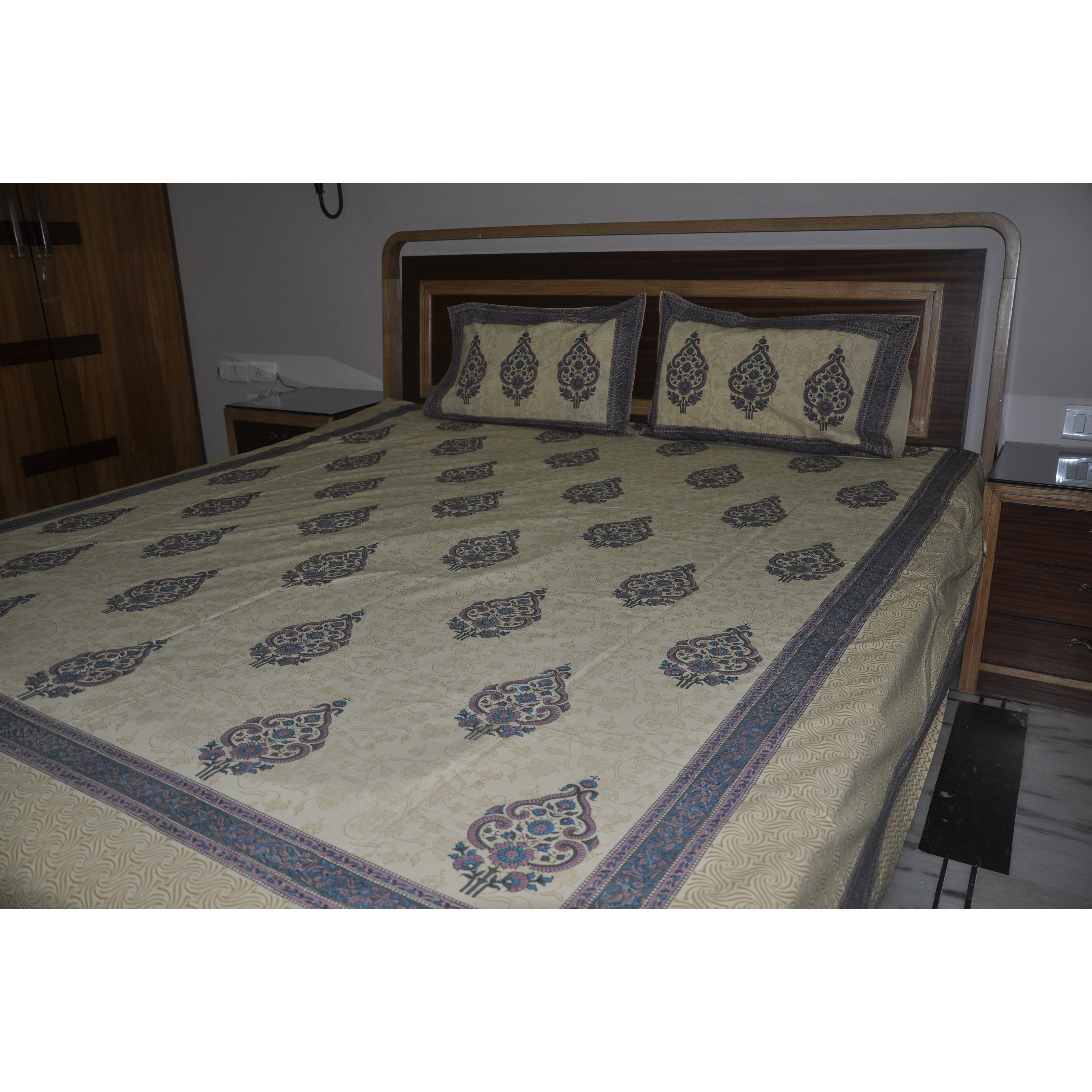 Indian Bedspread Cotton Block Printed Beige House Warming Throw Bed Sheet Set
