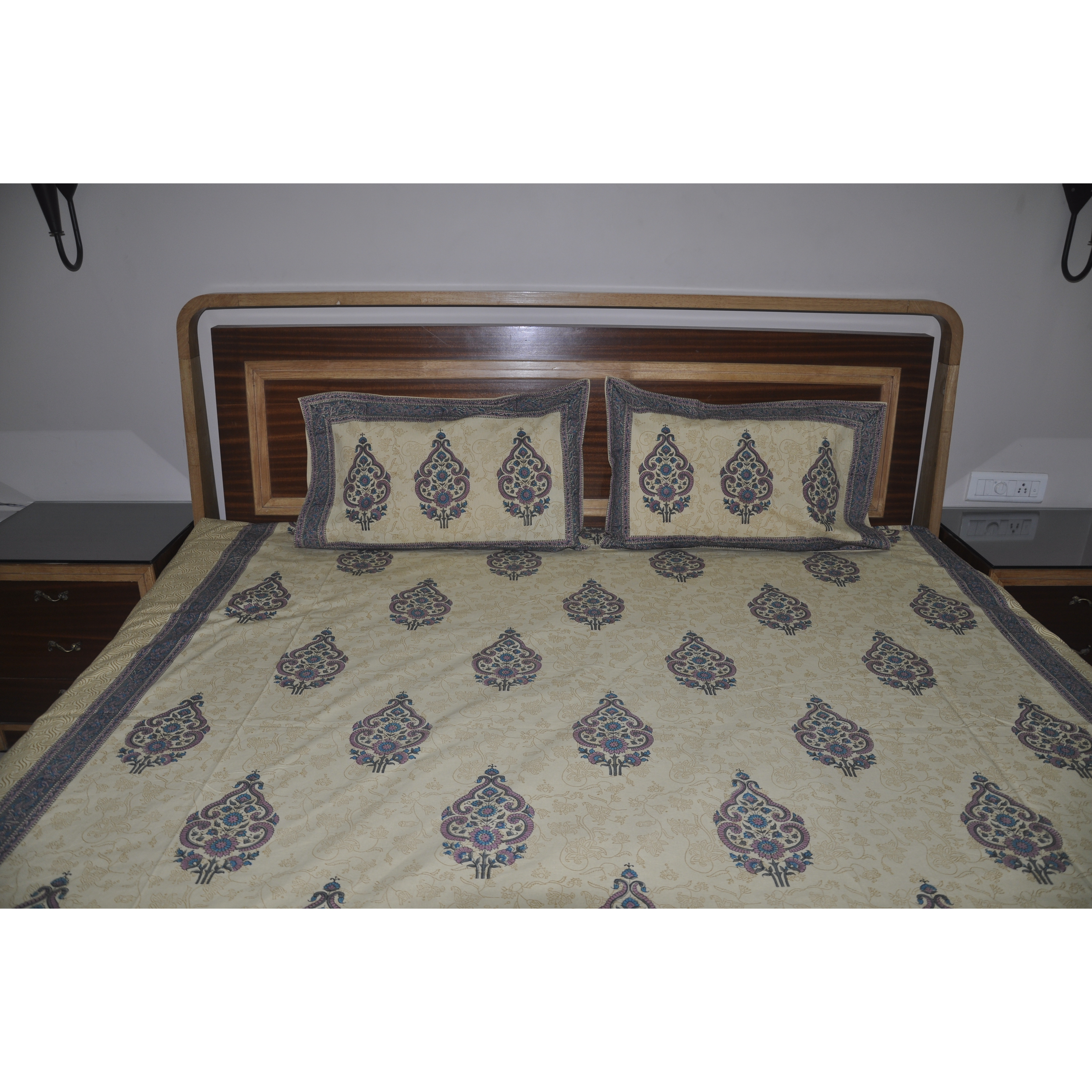 Indian Bedspread Cotton Block Printed Beige House Warming Throw Bed Sheet Set