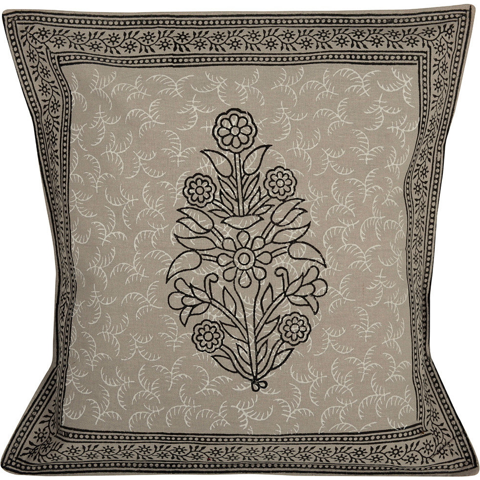 Indian Cotton Cushion Covers Set Flower Printed Grey Retro Pillowcases Throw 16 Inch