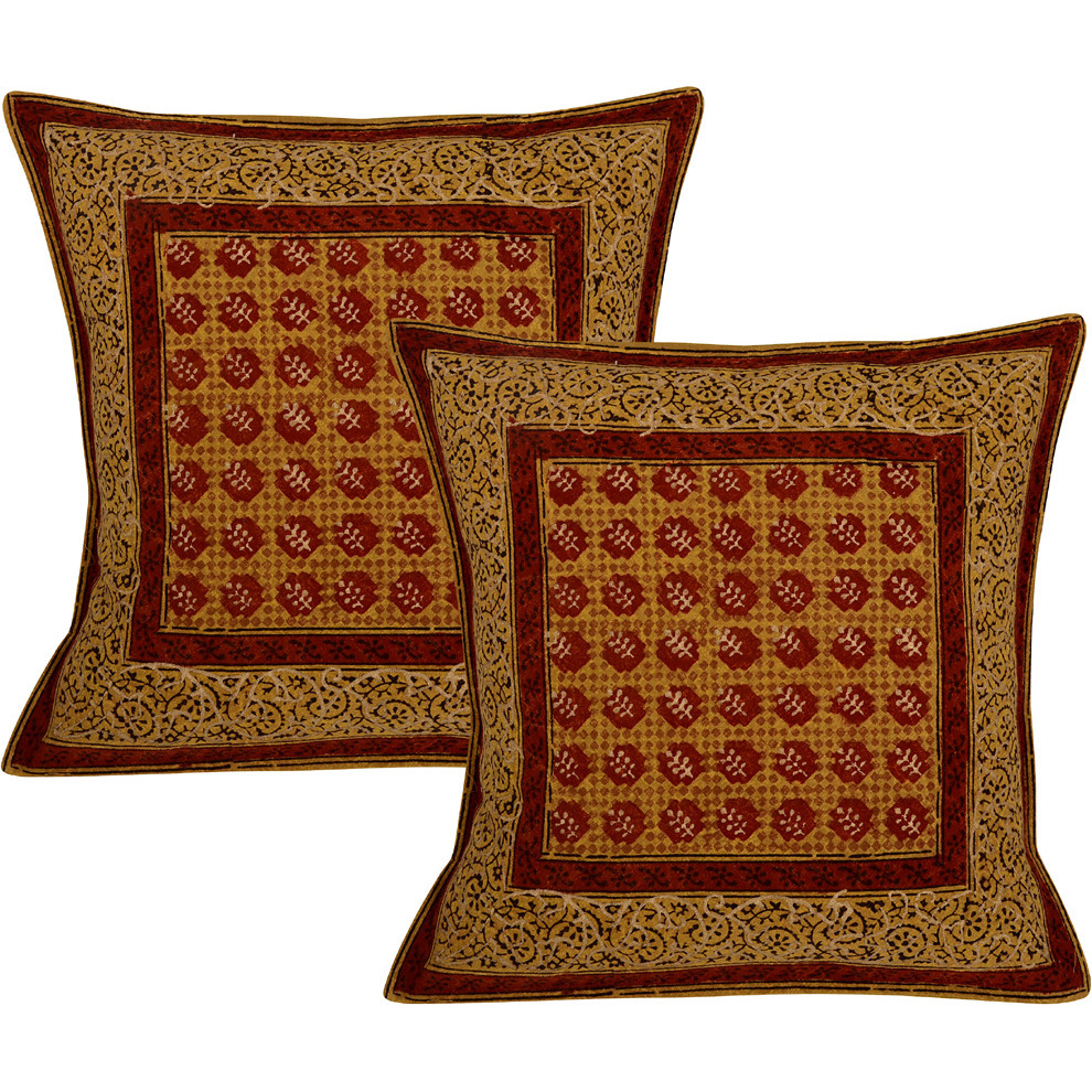 Indian Block Printed Cushion Covers Brown Cotton Vintage Retro Pillowcases Set