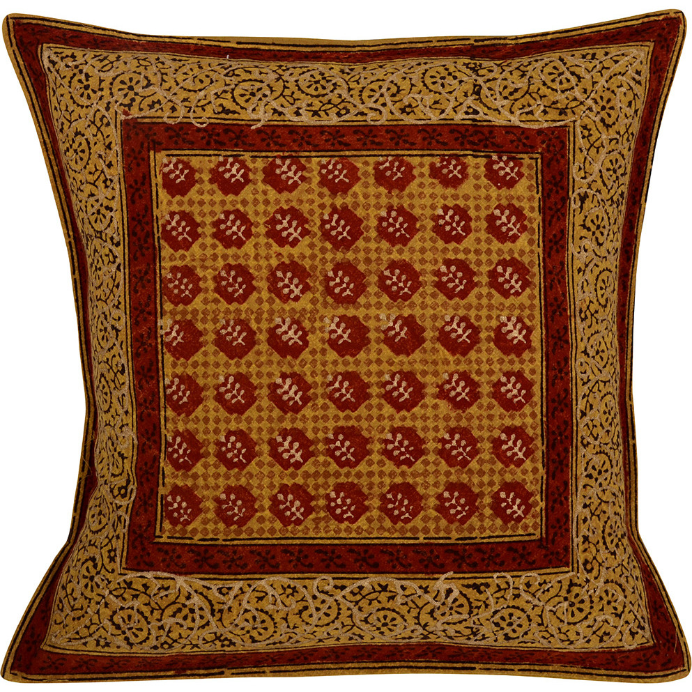 Indian Block Printed Cushion Covers Brown Cotton Vintage Retro Pillowcases Set