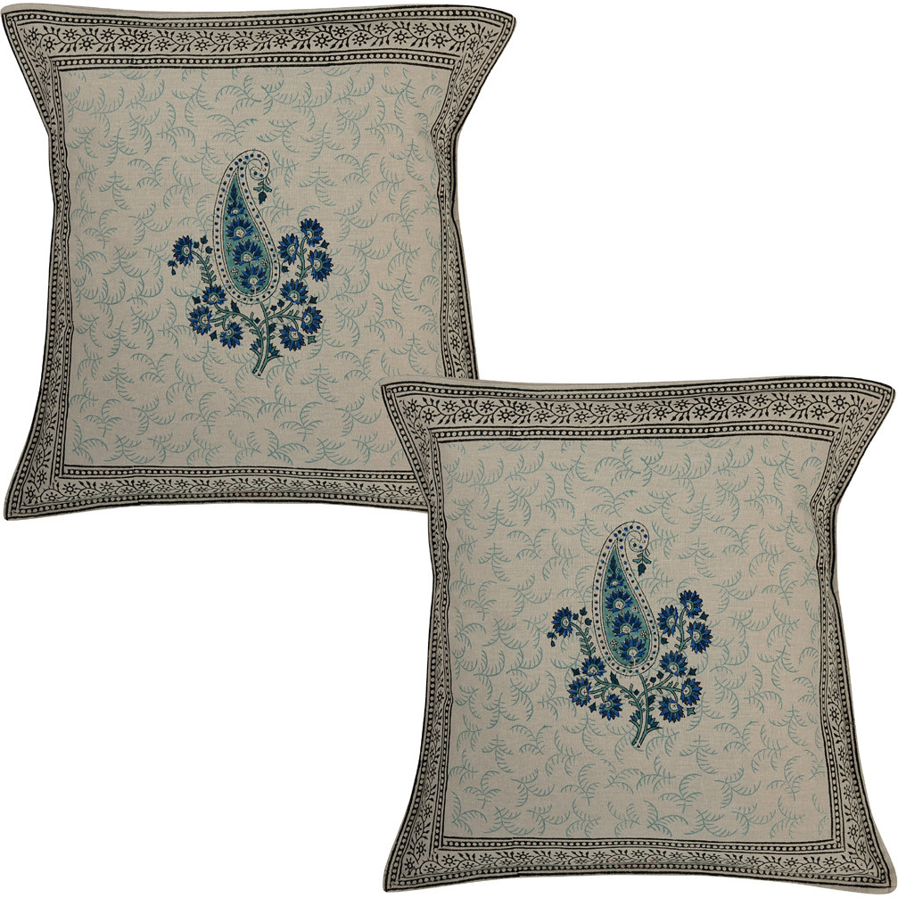 Indian Cotton Cushion Covers Block Printed Grey Retro Ethnic Pillow Cases Set