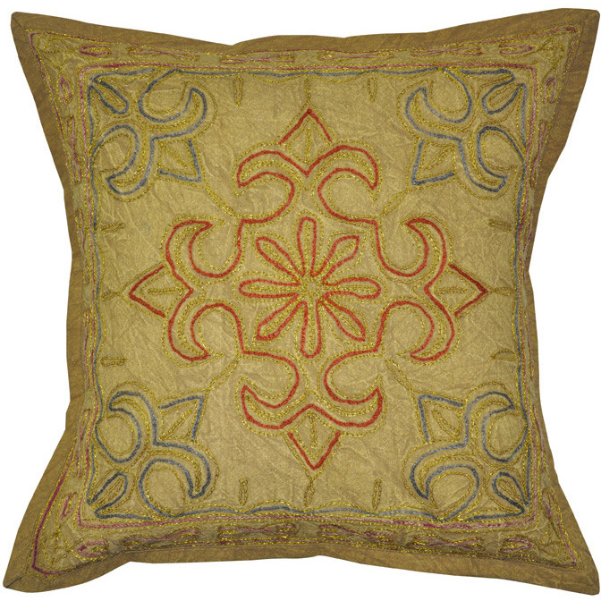 Vintage Retro Cushion Covers Pair Zari Embroidered Brown Cotton Pillowcases 40 Cm