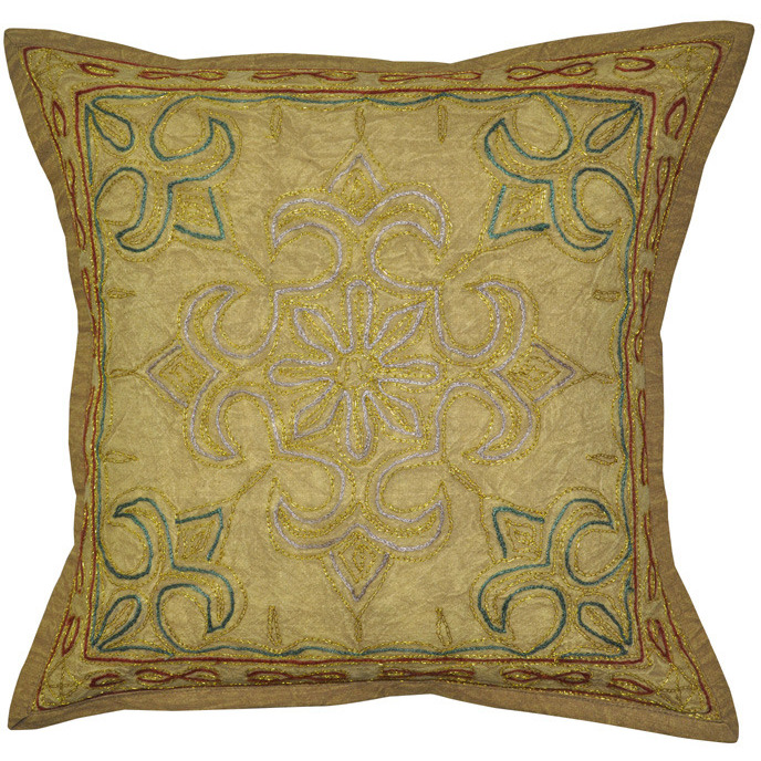 Vintage Retro Cushion Covers Pair Zari Embroidered Brown Cotton Pillowcases 40 Cm