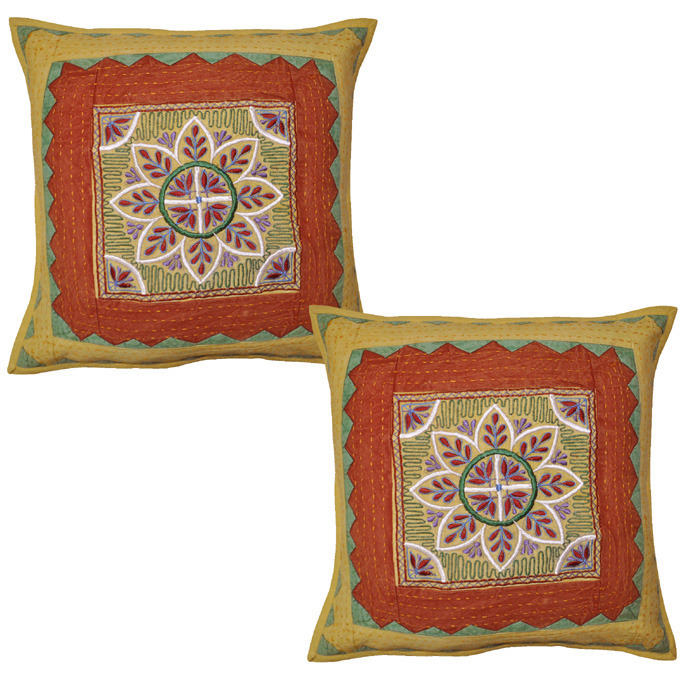 Indian Cotton Cushion Covers Pair Embroidered Flower Cut Kantha Pillowcases 40 Cm