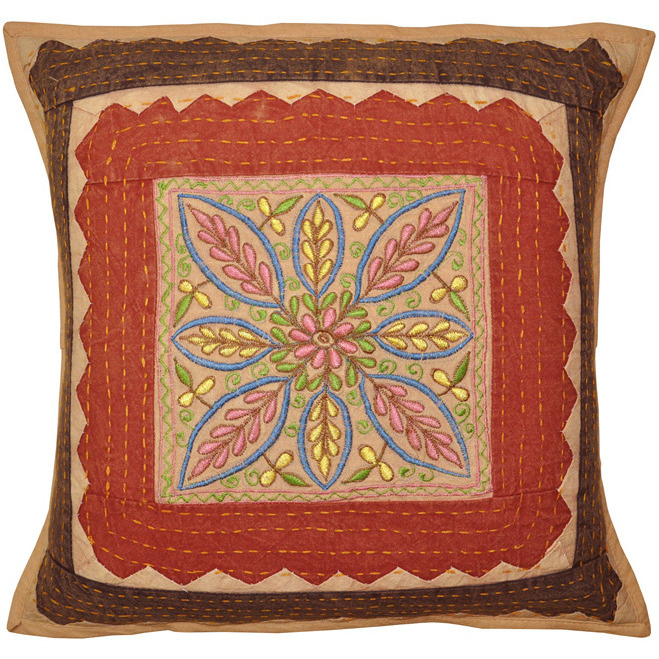 Indian Cotton Cushion Covers Pair Embroidered Flower Patchwork Pillowcases 40 Cm