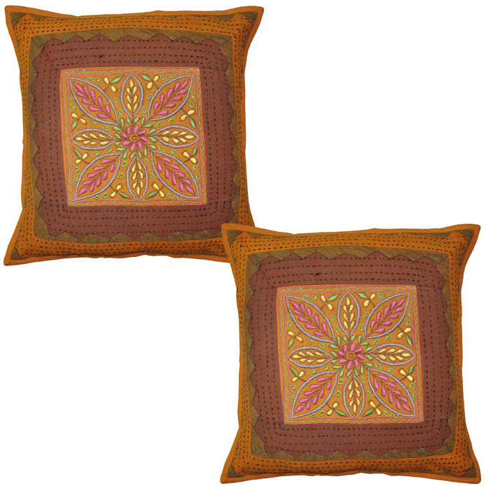 Indian Cotton Pillowcases Set Flower Embroidered Kantha Cut Work Cushion Covers