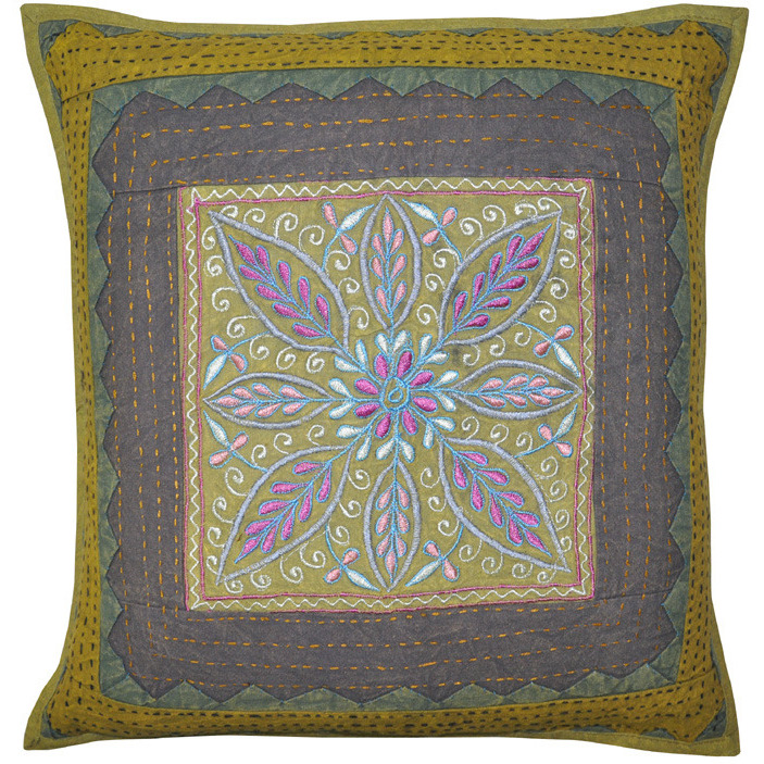 Cotton Green Cushion Covers Embroidered Square Pillow Cases 16 Inch Bedding Gift