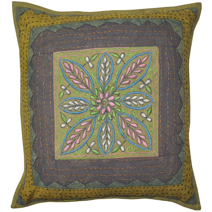 Indian Decor Cushion Cover Set Embroidered Cut Kantha Flower Pillowcases 40X40 Cm