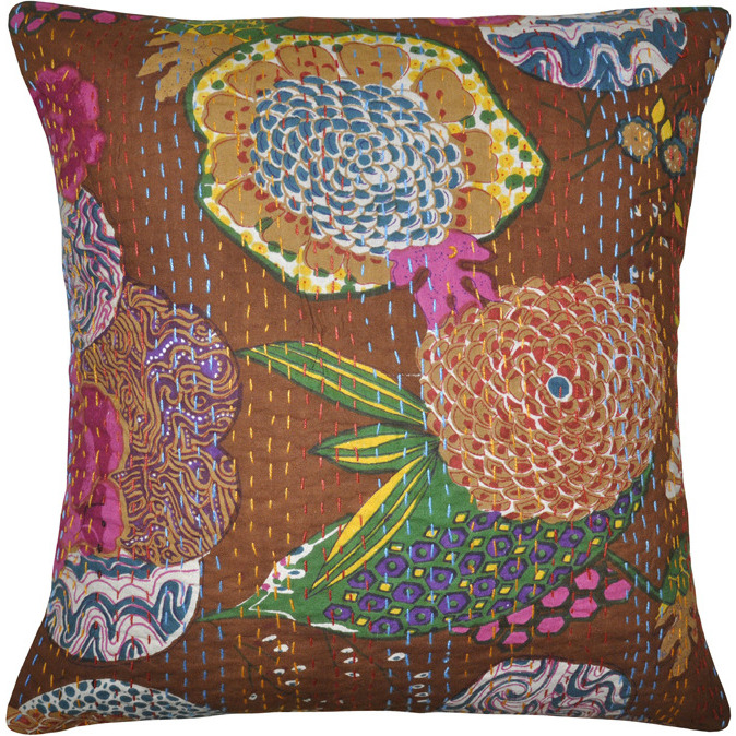 Vintage Printed Cushion Covers Pair Kantha Fruit Brown Cotton Pillowcases 40 Cm