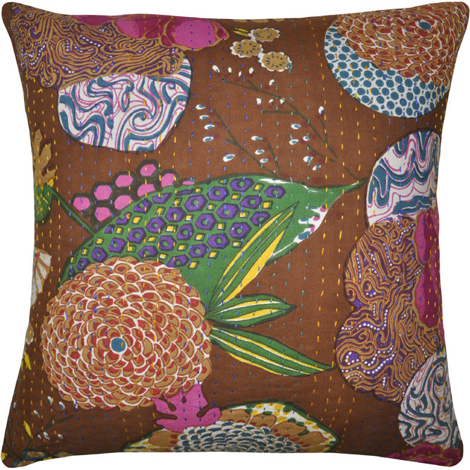 Vintage Printed Cushion Covers Pair Kantha Fruit Brown Cotton Pillowcases 40 Cm