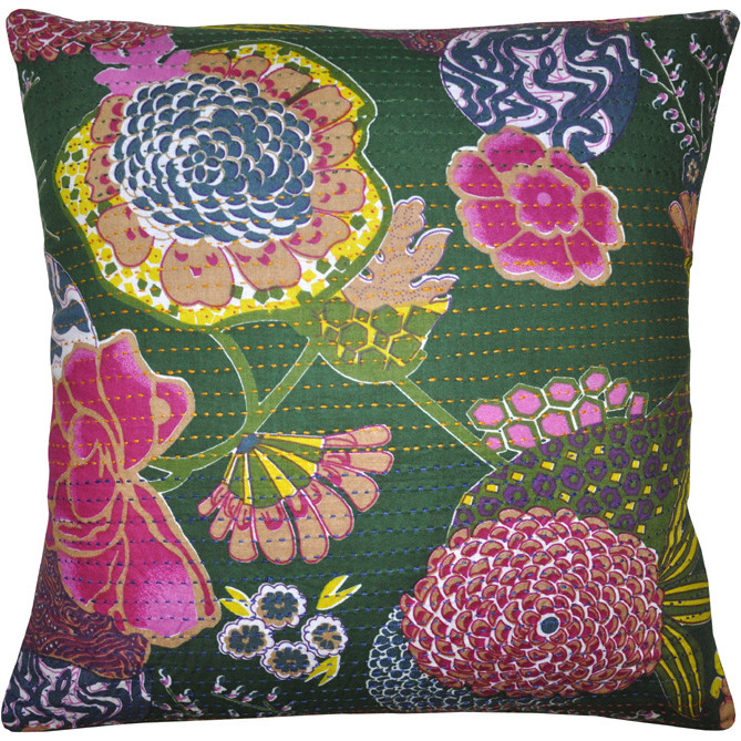 Indian Cotton Kantha Cushion Covers Green Fruit Printed Square Pillow Cases 40 Cm