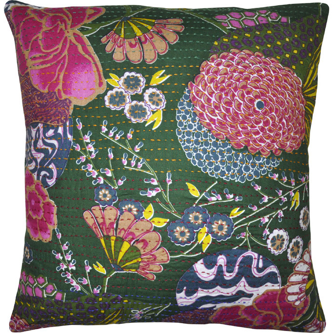 Indian Cotton Kantha Cushion Covers Green Fruit Printed Square Pillow Cases 40 Cm