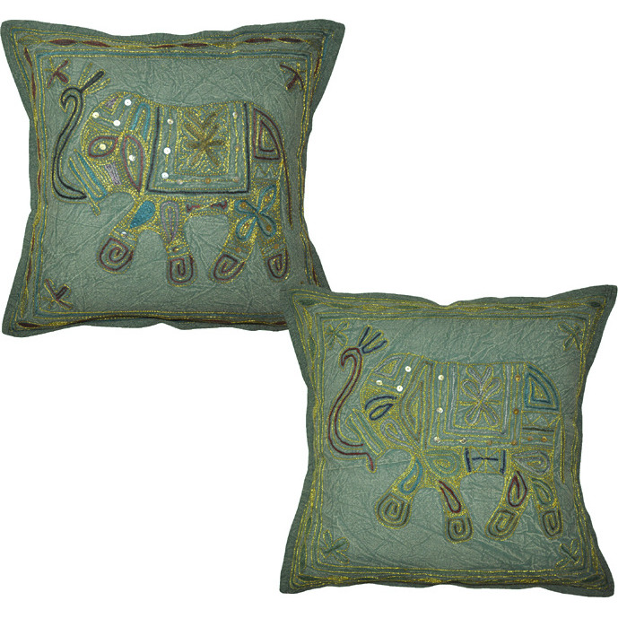 Vintage Elephant Cushion Covers Pair Zari Embroidered Cotton Green Pillowcases