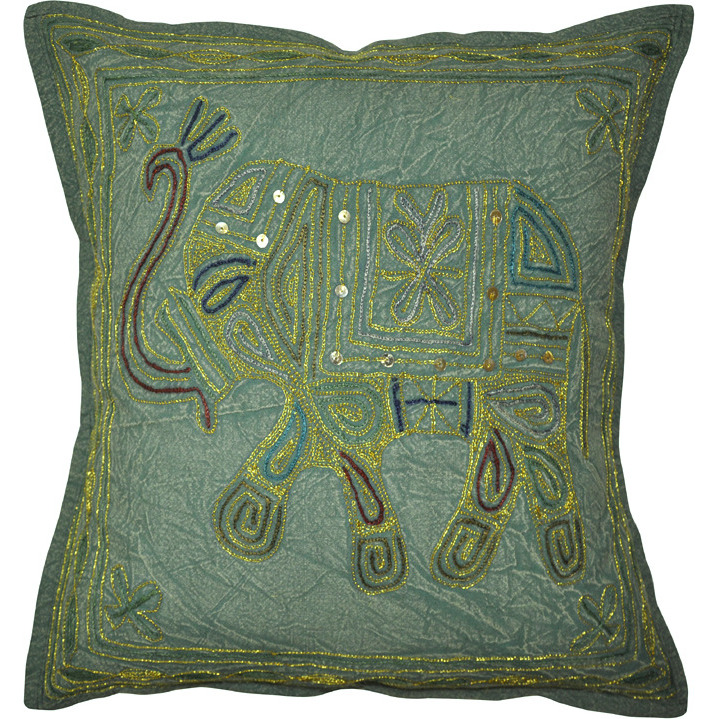 Vintage Elephant Cushion Covers Pair Zari Embroidered Cotton Green Pillowcases