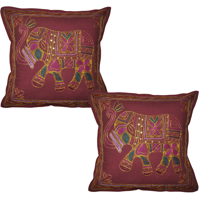 Handmade Cushion Covers Pair Elephant Embroidered Maroon Cotton Pillow Cases 16 Inch