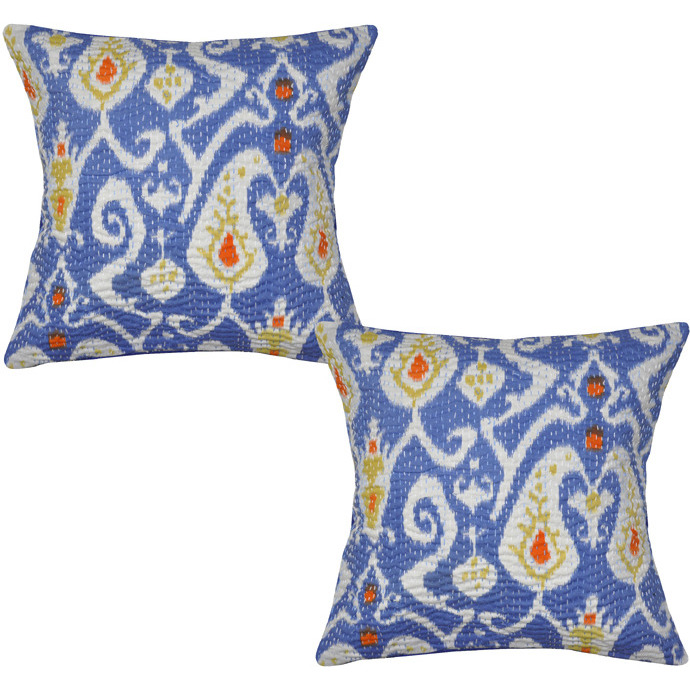 Vintage Retro Cushion Covers Set Embroidered Kantha Printed Blue Pillowcases 16 Inch