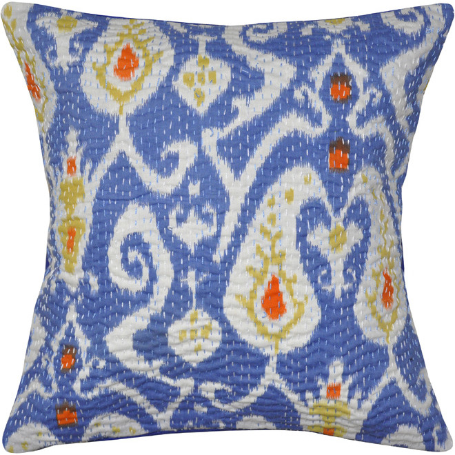Vintage Retro Cushion Covers Set Embroidered Kantha Printed Blue Pillowcases 16 Inch