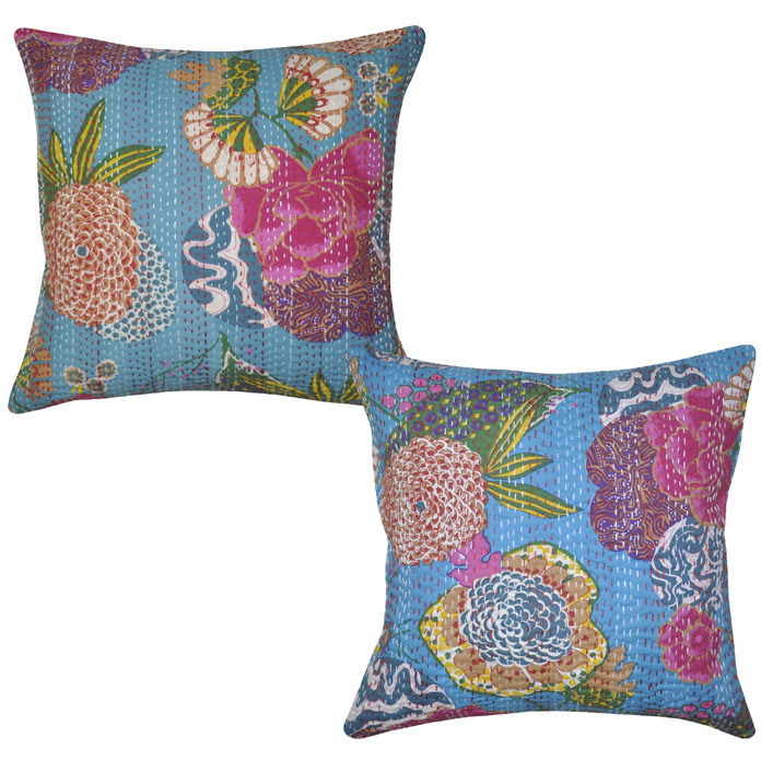 Indian Cotton Cushion Covers Pair Kantha Printed Fruit Pattern Blue Pillowcases