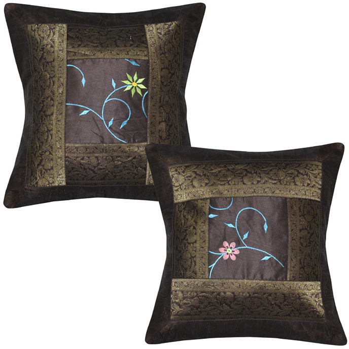 40 Cm Silk Pillow Cases Set Embroidered Brocade Flower Brown Cushion Covers Throw