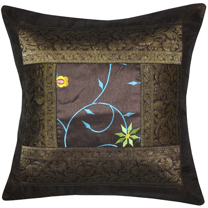 Indian Silk Pillow Cases Set Brocade Embroidered Silk Retro Cushion Covers 40 Cm