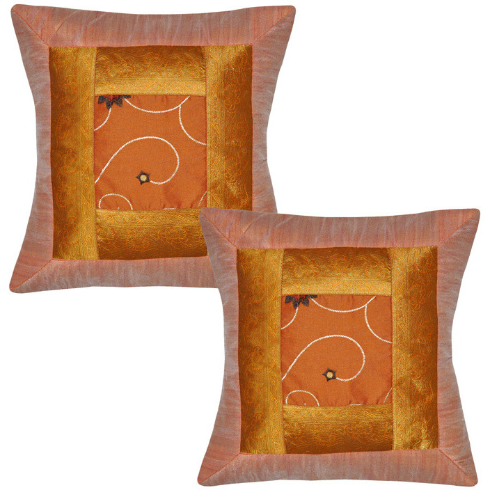 Vintage Silk Pillow Covers Set Of 2 Pc Peach Brocade Sofa Cushion Covers 40 Cm 16 Inch