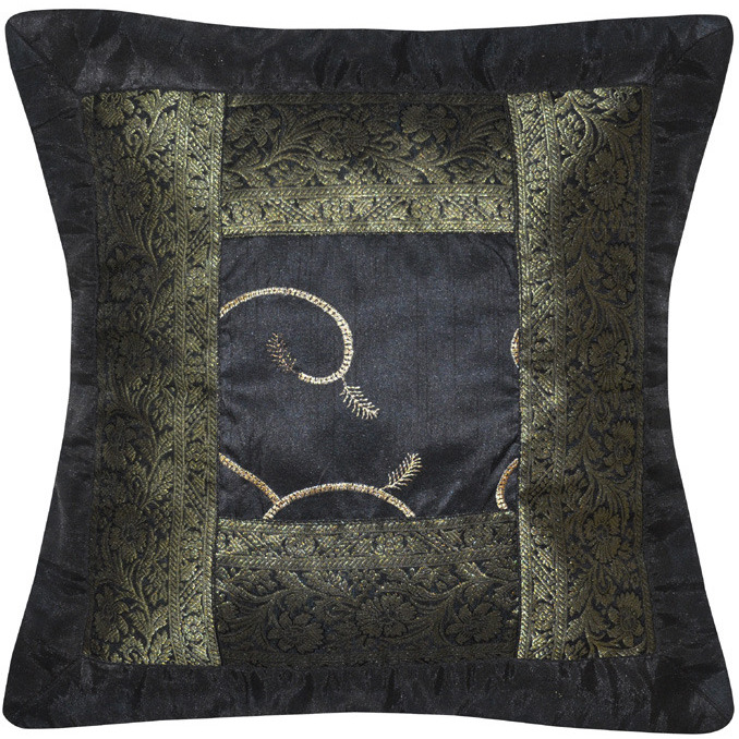 Vintage Retro Cushion Covers Pair Patchwork Brocade Black Silk Pillow Cover 40 Cm