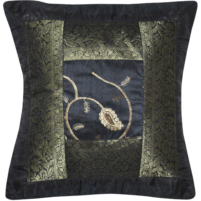 Vintage Retro Cushion Covers Pair Patchwork Brocade Black Silk Pillow Cover 40 Cm