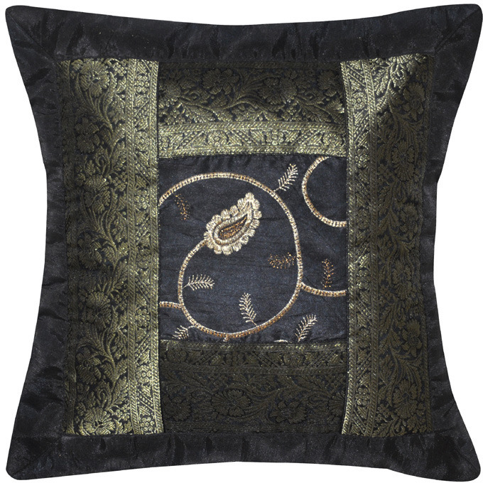 Indian Silk Cushion Covers Pair Brocade Work Black Silk Pillow Cases 40 Cm Decor