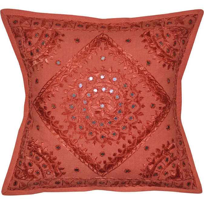 Home Decor Mirror Cushion Covers Pair Embroidered Orange Cotton Pillow Cases 16 Inch